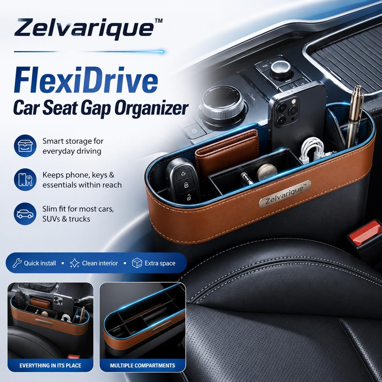 Zelvarique™ FlexiDrive Car Seat Gap Organizer